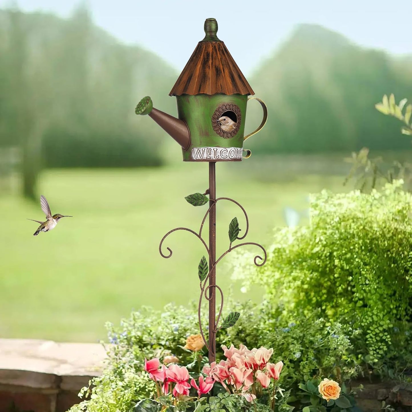 BAYN 57” Bird Houses Stake for Outside, Metal Watering Can Birdhouse Garden Stake Wild Bird Feeder Pole with Welcome Sign Outdoor Decorations for Patio, Backyard, Garden