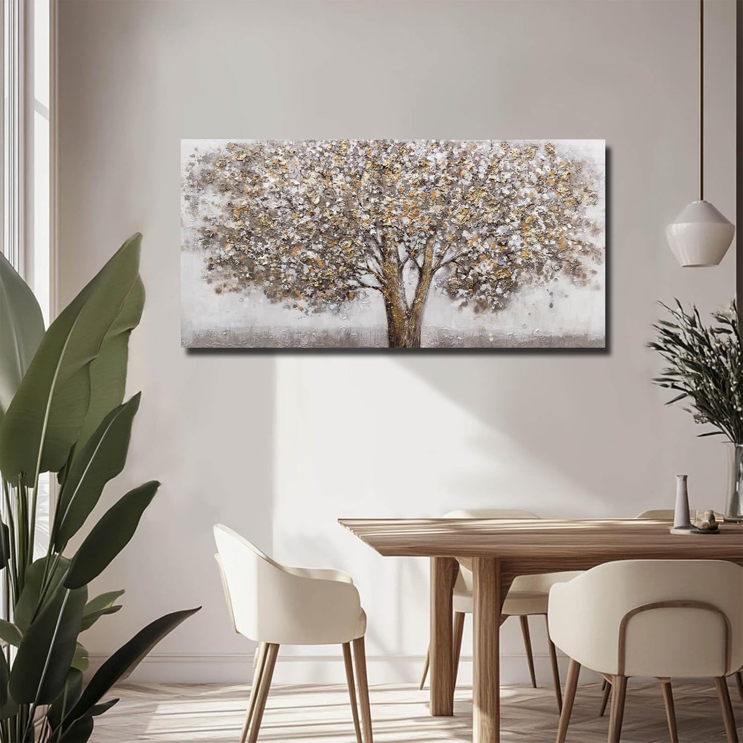CHUDANHAO Grey Art Posters Big Tree Wall Decor Pictures for Office Gold and White Wall Art Botanical Painting for Living Room Kitchen 24x48 Inch