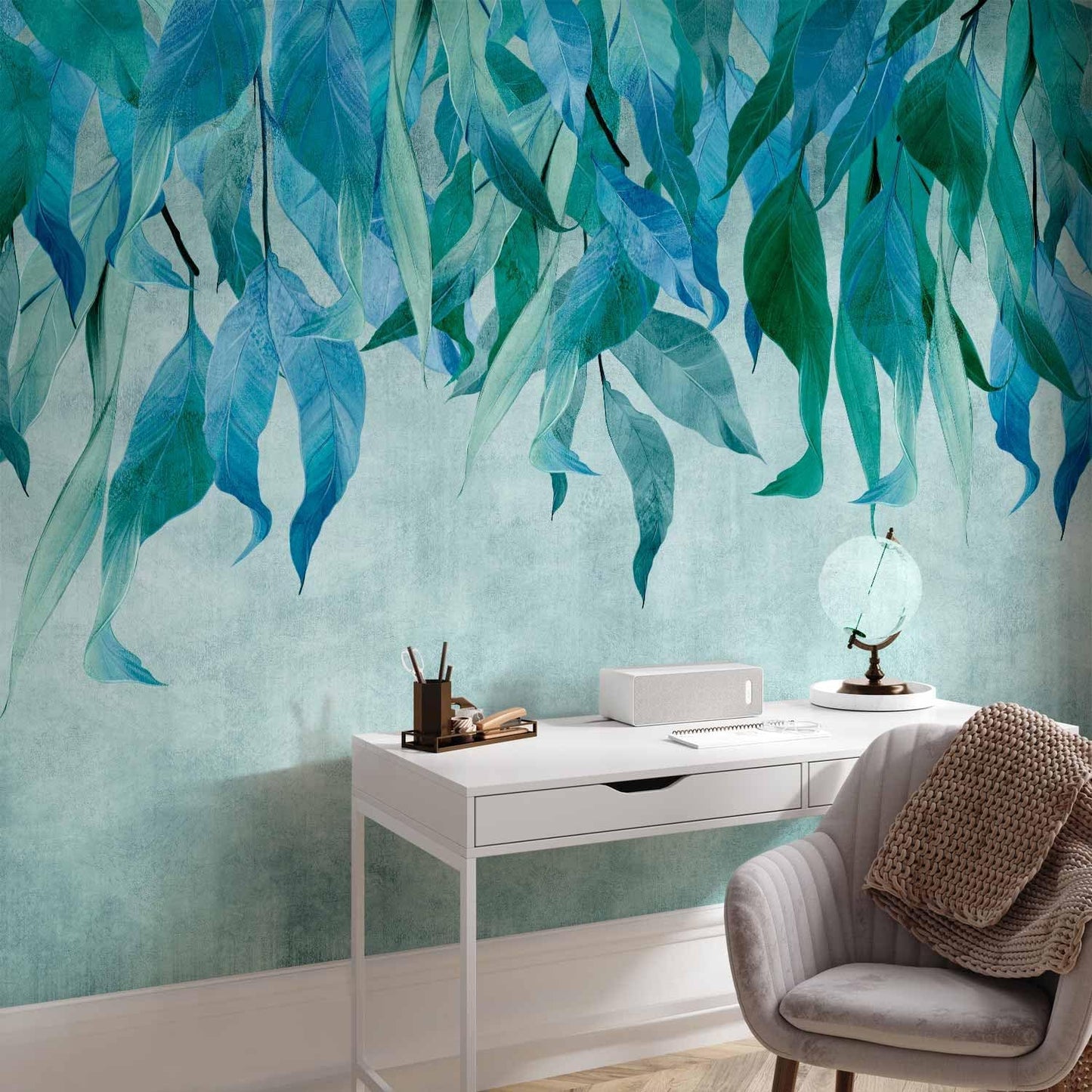 artgeist Premium Wall Mural Hanging Leaves 98x69 in - Non-Woven Wallpaper Fleece Wall Decor Photo Print Picture Image Design Nature Botanical Concrete Green Blue b-C-10146-a-b