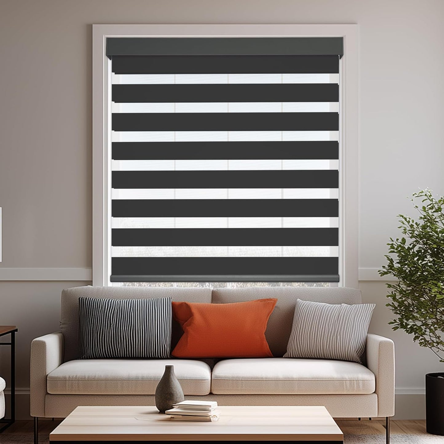 HESTIA Cordless Zebra Blinds Light Filtering Roller Shades UV Blocking Blackout Privacy Indoor Window Shades for Home Office Day and Night, Black,44" W x 54" H