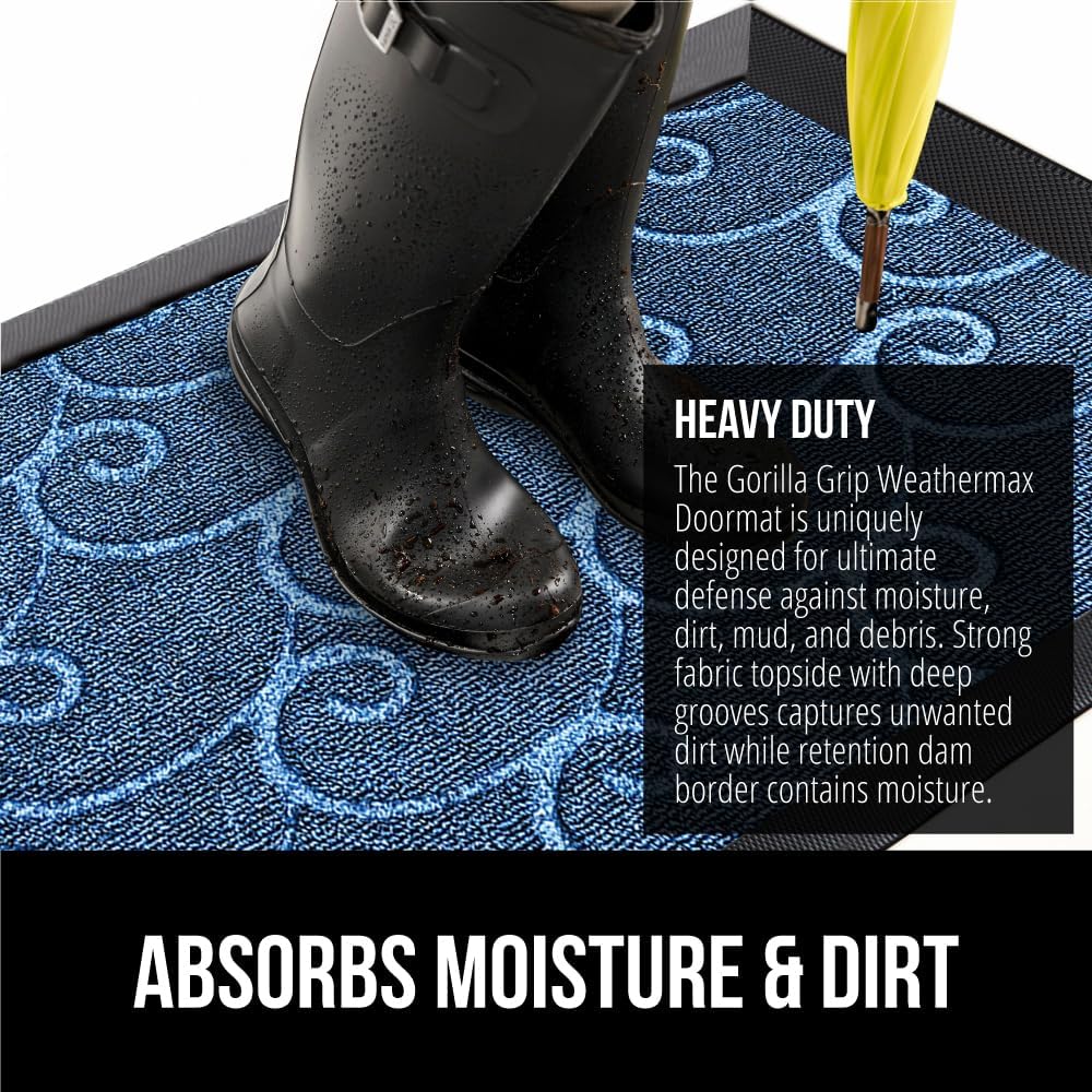 GORILLA GRIP 100% Waterproof All-Season WeatherMax Doormat 35x23, US Designed Natural Rubber, Stain and Fade Resistant, Low Profile Indoor Outdoor Door Mats, Easy Clean Patio Mat, Ocean Blue Waves