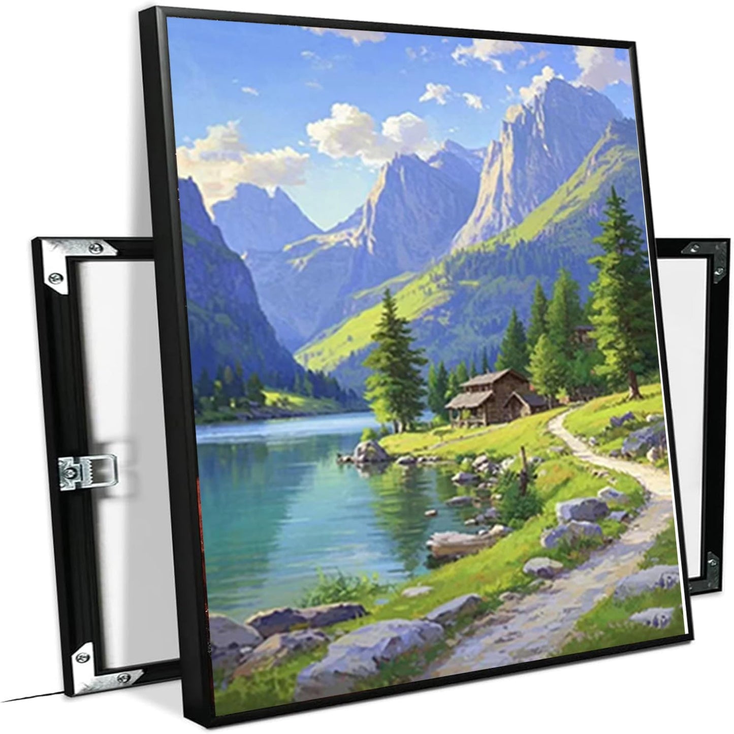 Landscape wall painting of mountain forest lakeside cabin under blue sky and white clouds natural oil painting poster suitable for living room bedroom office