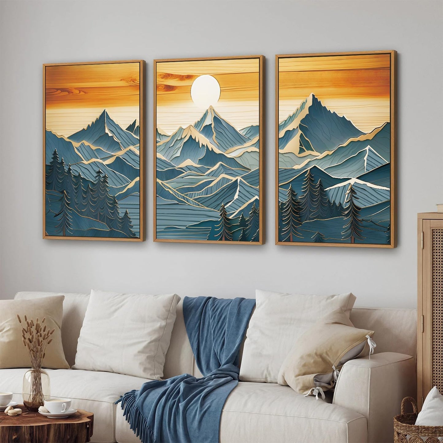 Tinonedraw Metal Mountain Framed Canvas Wall Art, Boho Mountains Artworks, Mid Century Modern Blue Ridge Wall Decor, Vintage Nature Forest Sunset Art Print for Living Room Bedroom Office 24"x36"x3