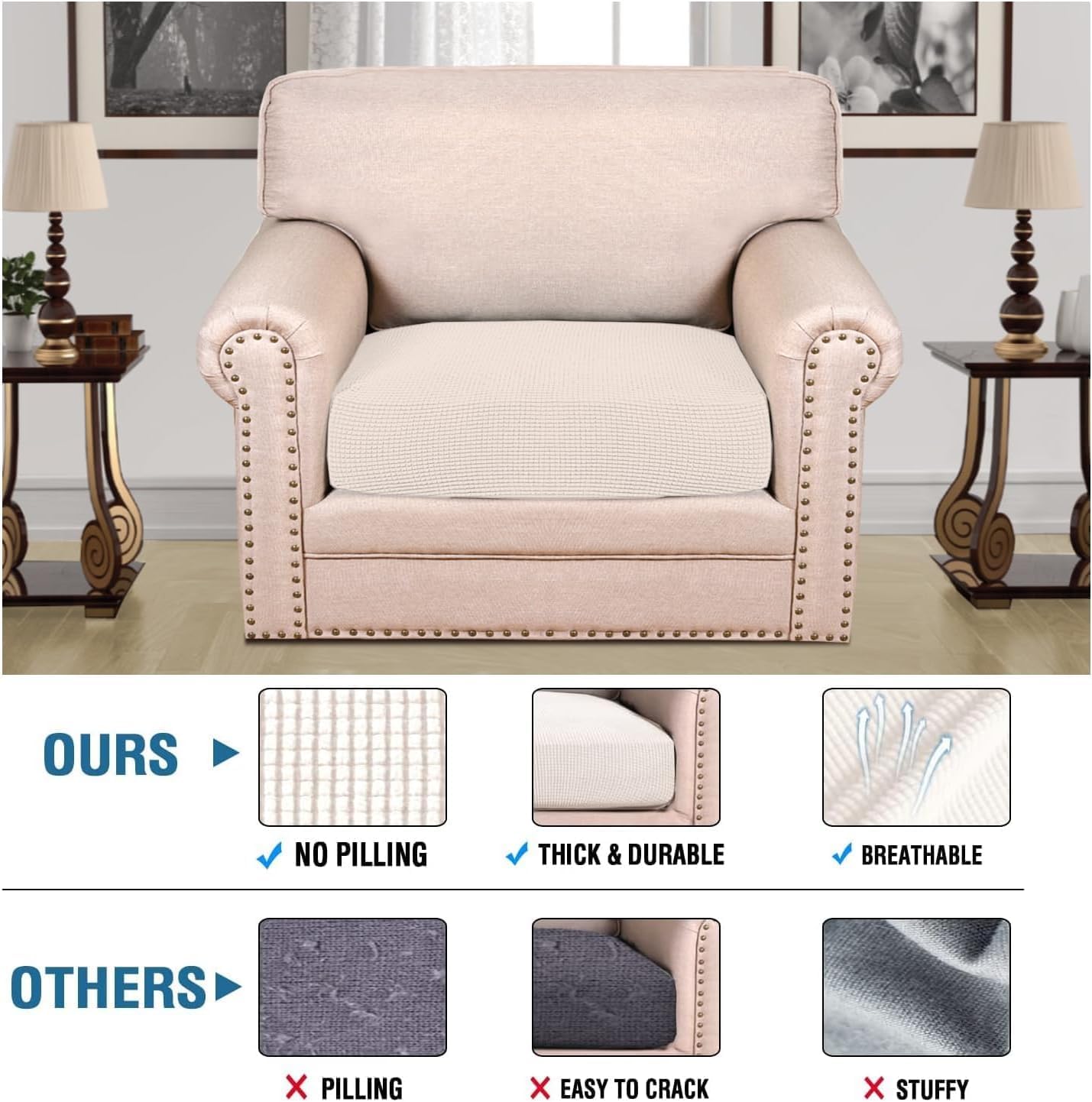 H.VERSAILTEX Super Stretch Individual Seat Cushion Covers Sofa Covers Couch Cushion Covers Slipcover Sets Thick Jacquard Textured Twill Fabric (1 Piece Chair Cushion Cover, Ivory)