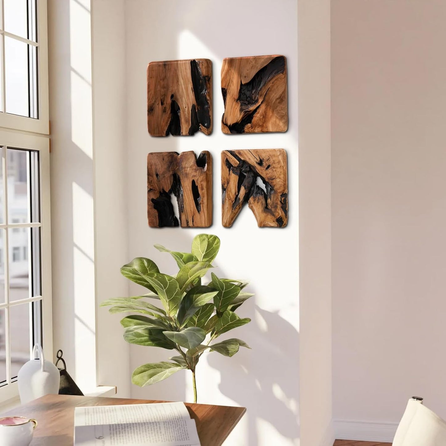 WELLAND 4 Pieces of Handmade Wall Sculptures, Rustic Abstract Wall Décor for Living Room, Bedroom, Bathroom, Dining Room, Home Office,