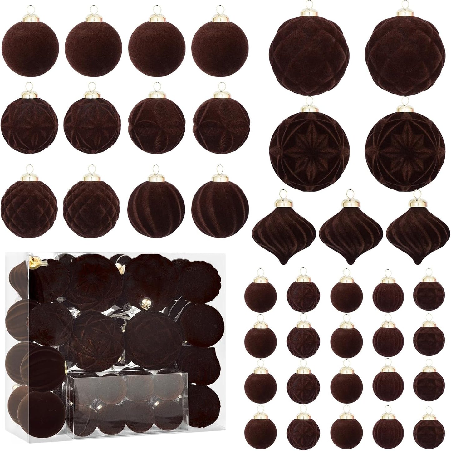 46PCS Velvet Christmas Ball Ornaments Set, Flocked Shatterproof Xmas Tree Decor, Assorted Hanging Ornaments with Loop for Holiday Home Decor, Christmas Tree, Mantel, Party Decoration (Brown)