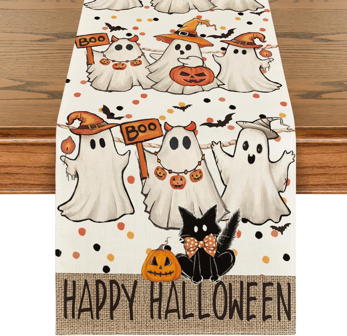 Artoid Mode Beige Ghost Jack-O'-Lantern Black Cat Halloween Table Runner,Holiday Kitchen Dining Table Decoration for Home Party Decor 13 x 108 Inch