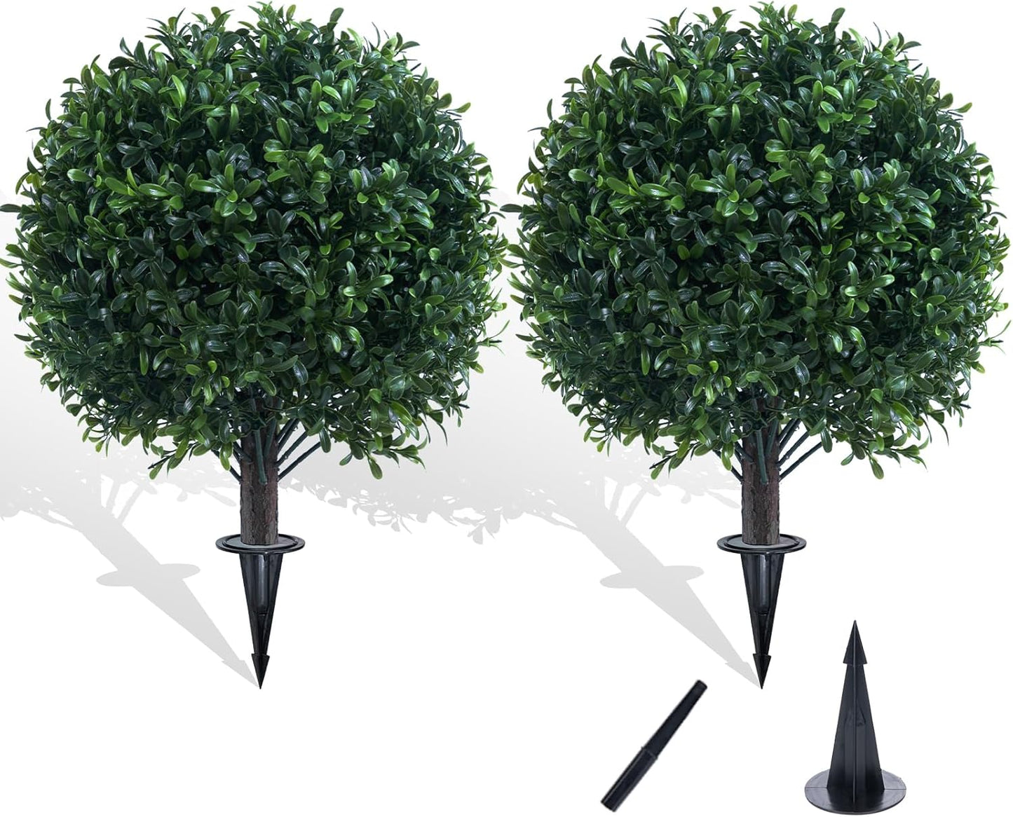 Artificial Boxwood Topiary Ball Bush for Outdoor with Spike, UV Resistant Faux Boxwood Ball Tree with Stake for Outside Set of 2, Weatherproof Round Fake Shrubs for Entryway Front Porch