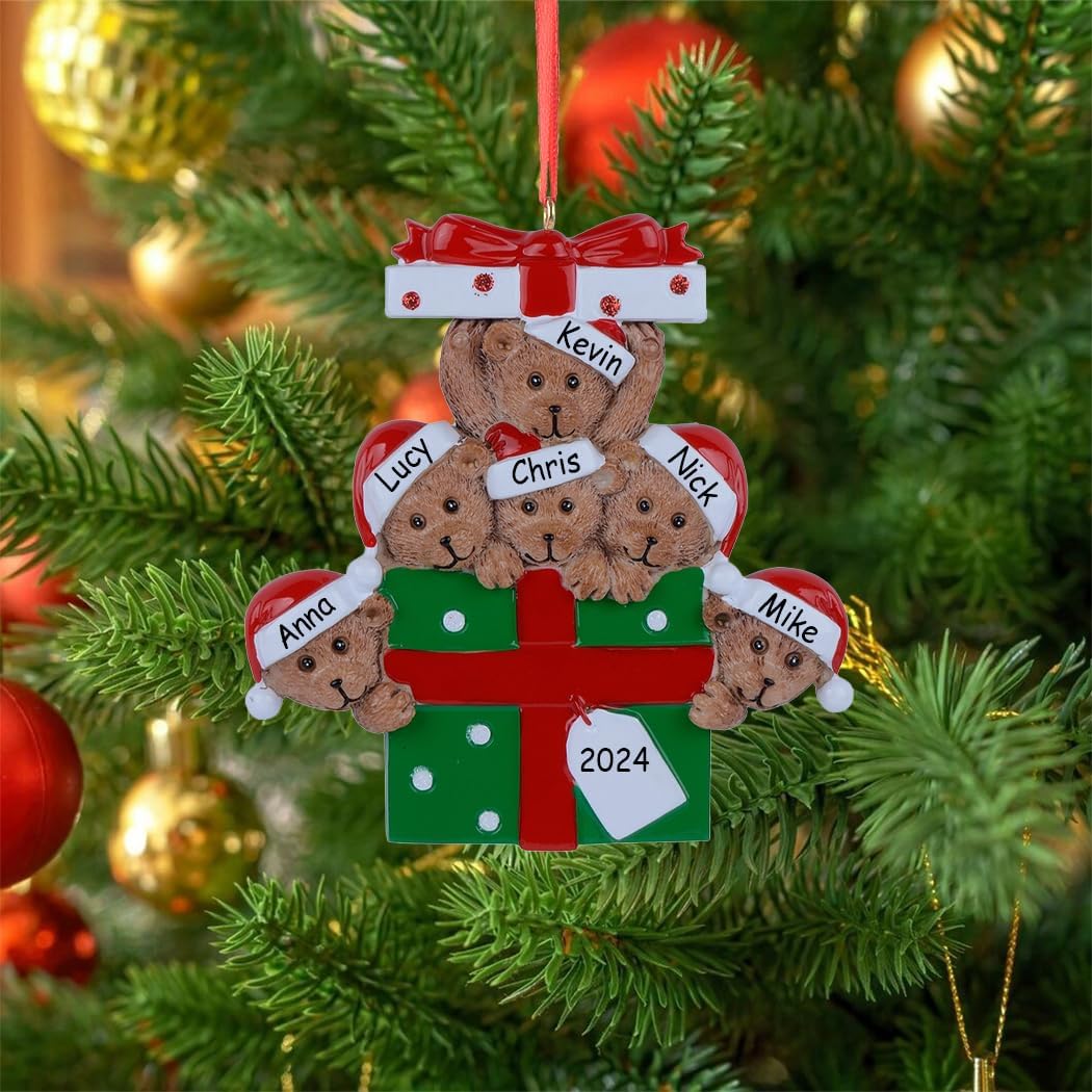 Personalized Family Ornament 2024, Bear Family of 6 Christmas Tree Ornament, Customized Teddy Bear Ornaments for Christmas Tree Decor, Unique Bear Gifts for Mom, Dad, Grandkids, Grandma, Grandpa