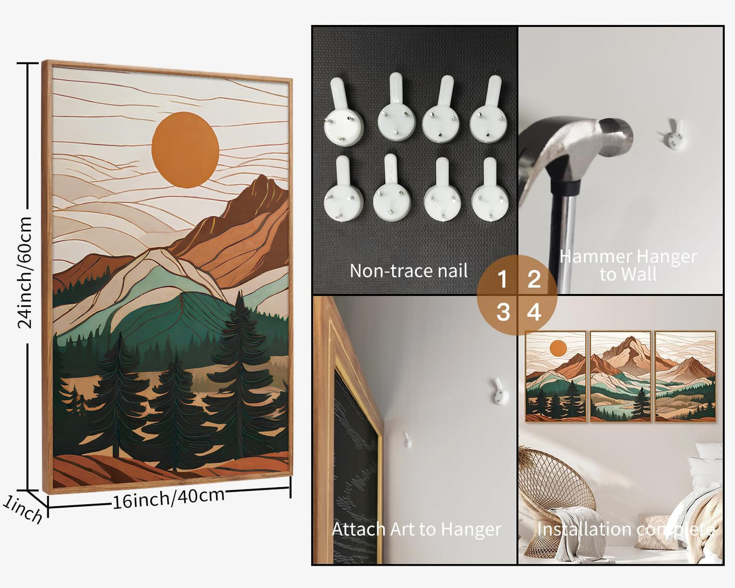 Tinonedraw Mountain Framed Canvas Wall Art Set of 3, Sunrise Forest Woodland Landscape Art Prints, Boho Coloful Ridge Scenery Wall Decor, Wood Pine Wilderness Art Paintings for Living Room Bedroom, Office 16"x24"