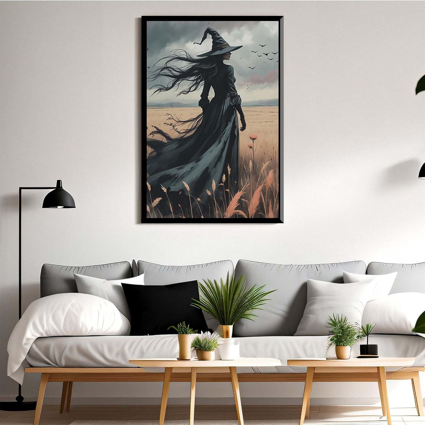 JFHCQJPK Gothic Decor Canvas Wall Art Witch in Rice Field Halloween Art Decor Print Nature Print Victorian Home Bedroom8x12in Metal blackFramed