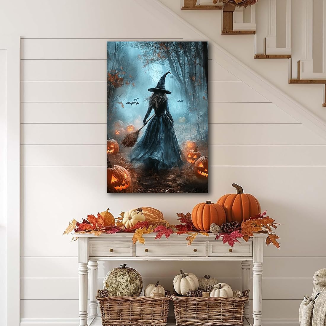 Vintage Moody Halloween Witch Artwork Wall Decor,Spooky Halloween Gothic Canvas Artwork Creepy Horror Witch with A Broom Pumpkin Bats Rustic Forest Picture,Dark Academia Poster,16"x24" Framed