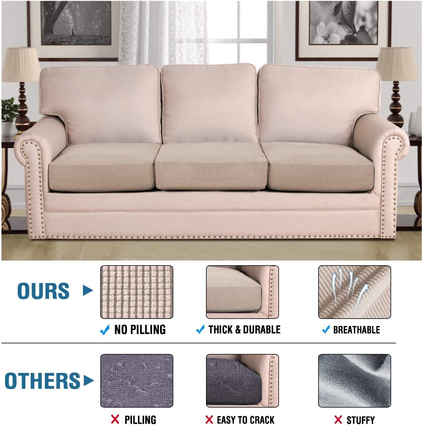 H.VERSAILTEX Super Stretch Individual Seat Cushion/Couch Slipcover Sets Thick Jacquard Textured Twill Fabric (3 Piece Sofa Covers, Sand)