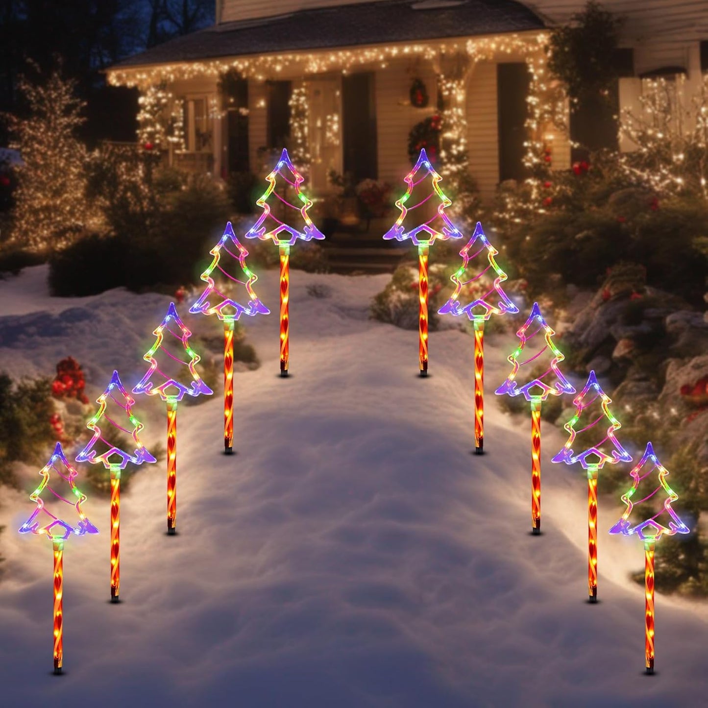 Christmas Solar Pathway Lights Outdoor Decorations， 8 Modes Xmas Tree Candy Lights Waterproof Led Garden Stake Light for Walkway Yard Lawn Porch Holiday Decor 5-Pack (Multicolor Tree, 5 Pack)