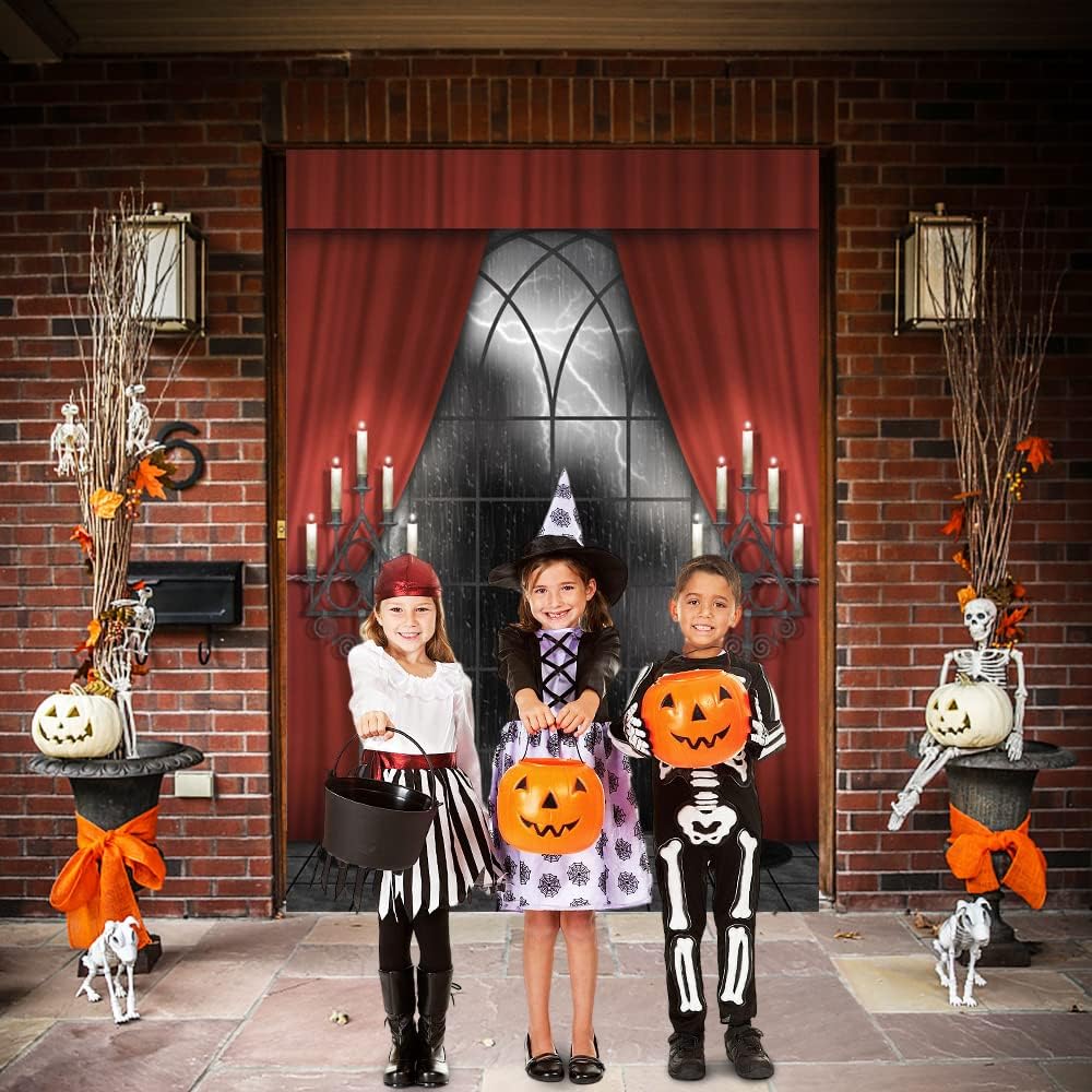 Renaiss 6x9ft Vintage Gothic Window Backdrop Red Curtain Candlestick Black Floor Lightning Stormy Sky Vampire Medieval Castle Photography Background Halloween Dress Up Party Decors Photo Booth Props