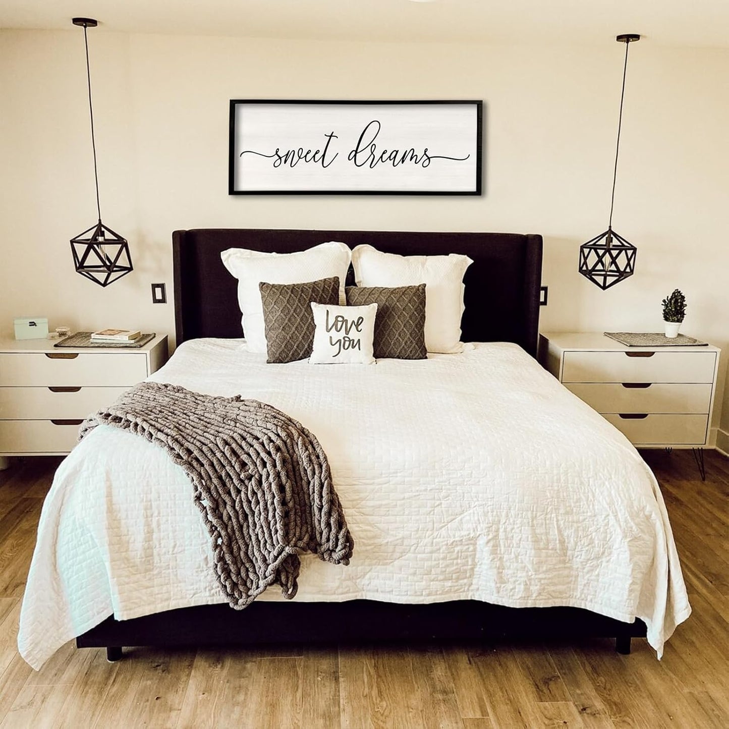 Sweet Dreams Wall Decor Above Bed 40''×15'' Master Bedroom Large Sweet Dreams Sign Farmhouse Wall Decor Guest Room Wood Rustic Framed Over Bed Wall Art Hanging Decoration (Black)
