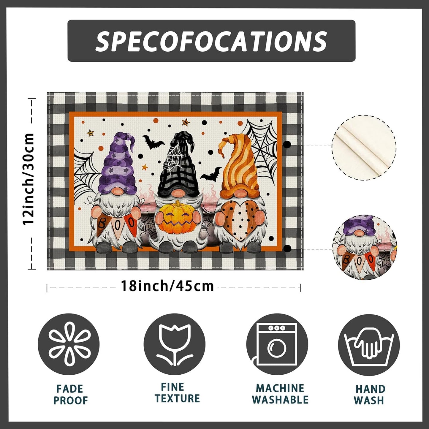 XCHI Spooky Boo Plaid Gnome Halloween Placemats Set of 6 Table Mats for Party Home Kitchen Dining Table Decorations 12x18 Inch