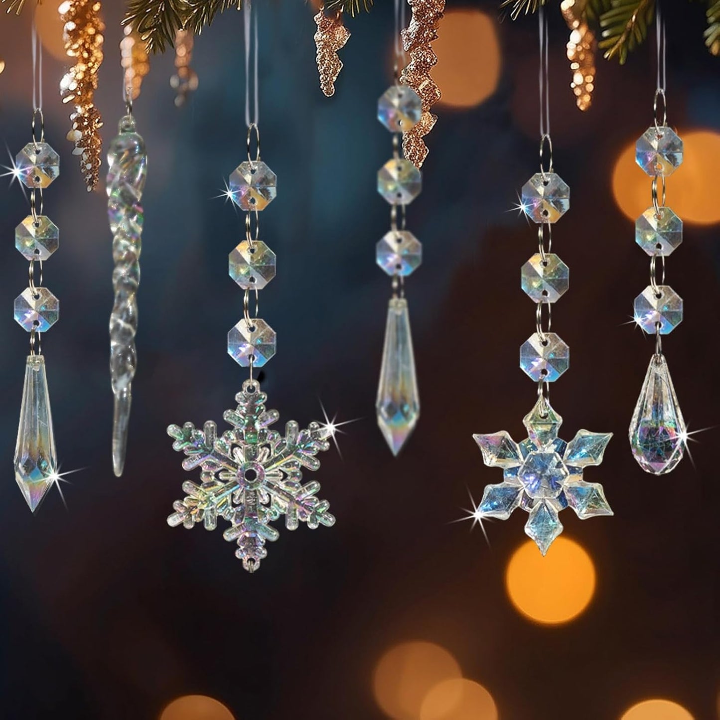 80pcs Christmas Crystal Snowflake Ornaments for Tree - Iridescent Christmas Acrylic Snowflakes Drop Icicle Pendants Hanging Ornaments for Xmas Tree Winter Holiday Frozen Wedding Party Decorations