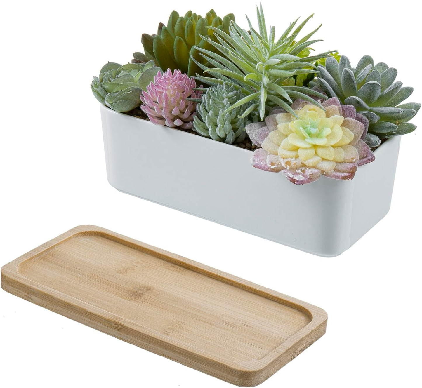 MyGift Assorted Artificial Succulent Plant Arrangement Potted in White Ceramic Planter Pot with Removable Bamboo Tray