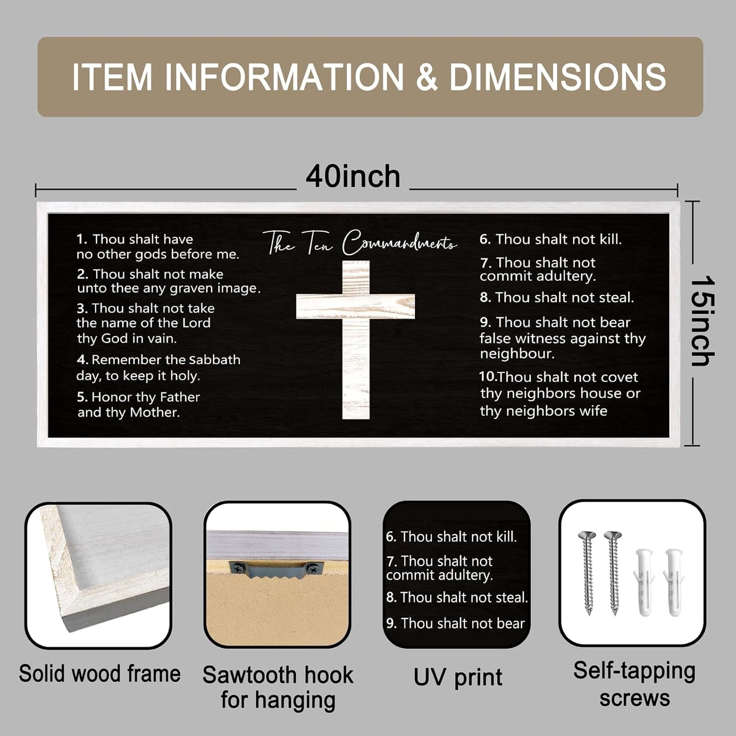 Ten Commandments Rustic Bible Verse Framed Wall Decor, 40" x 15", Religious Christian Slogan Representing a Prayer to God Jesus Christ, Vintage Horizontal Holy Inspirational Catholic Scripture Decor