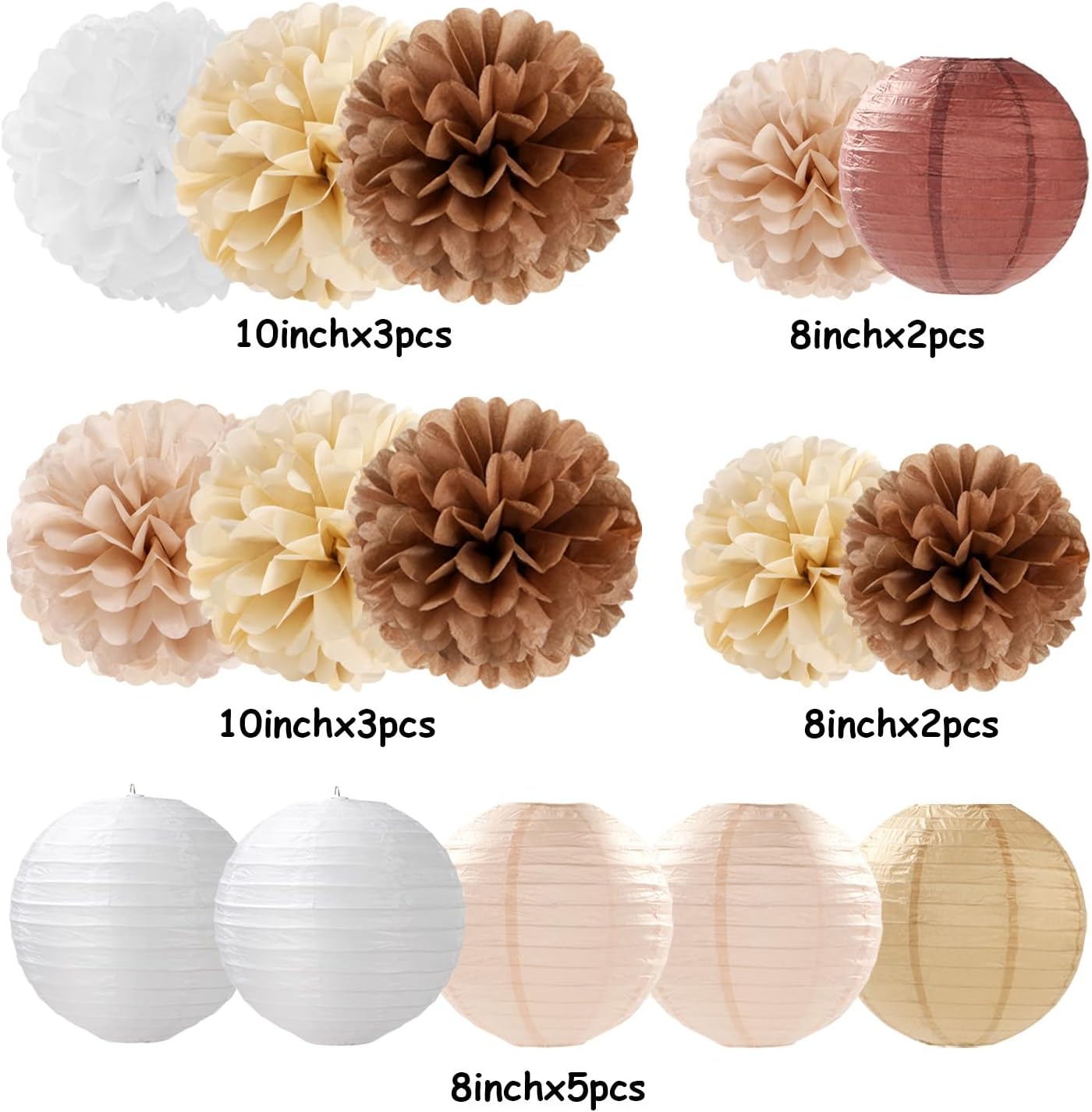 Boho Rustic Wedding Party-Decorations Paper Flowers Lanterns - 15PCS Fall Baby Shower Gender Neutral Streamers,Brown Champagne White Tissue Pom Poms,Autumn Birthday Bridal Decor Hugfond