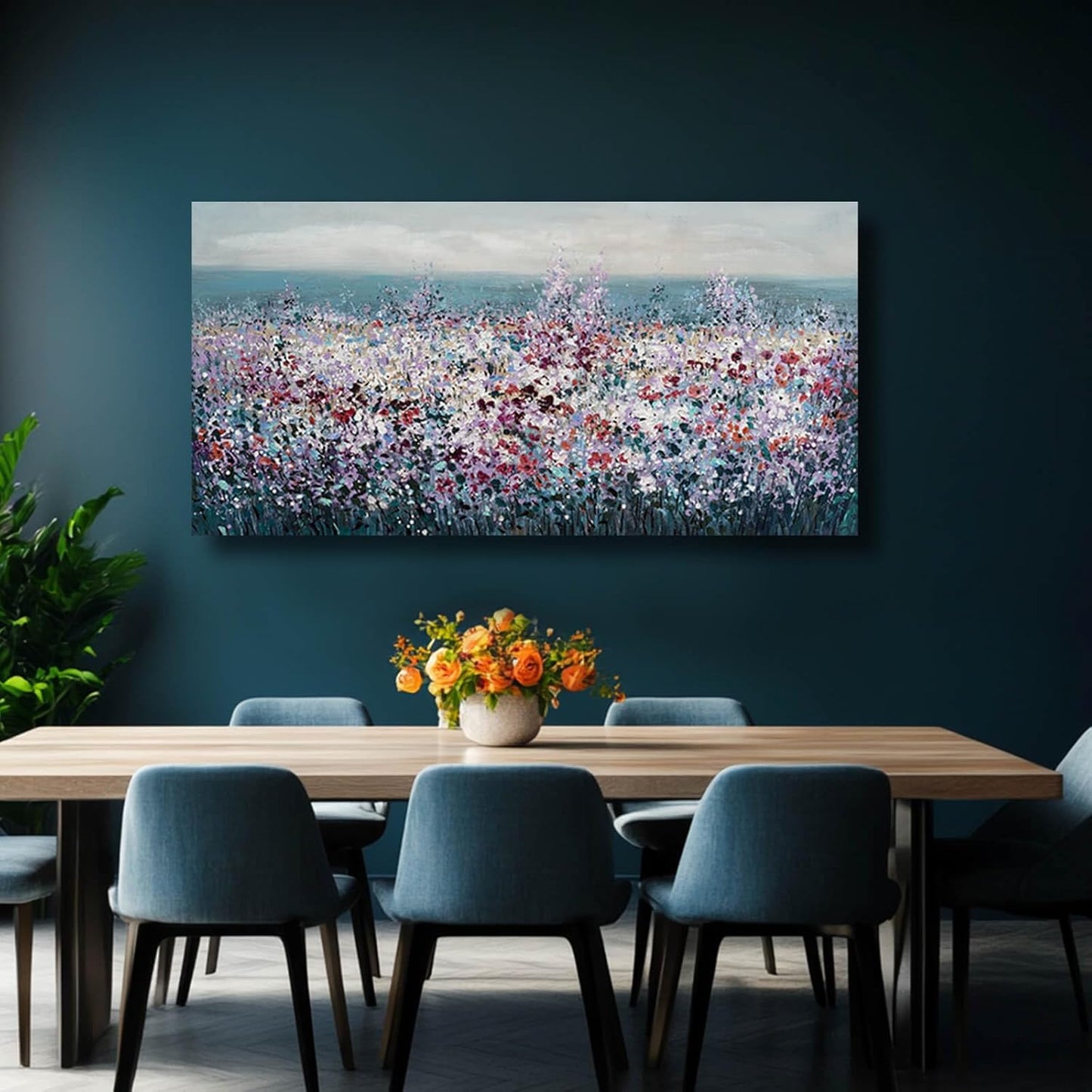 CHUDANHAO Blue Coastal Wall Art Colorful Wall Decor Flowers Canvas Prints for Office 29x58 Inch Large Landscape Painting for Living Room Bedroom
