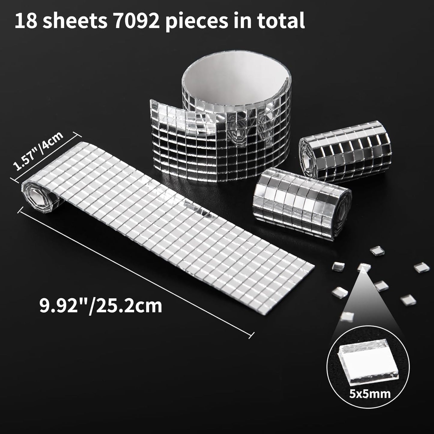 Art3dwallpanels 18 Pack Self-Adhesive Glass Mirror Mosaic Tiles 7092 Pieces Small Square Mirror Tiles Sticker for DIY Craft Decoration, Disco Ball Silver