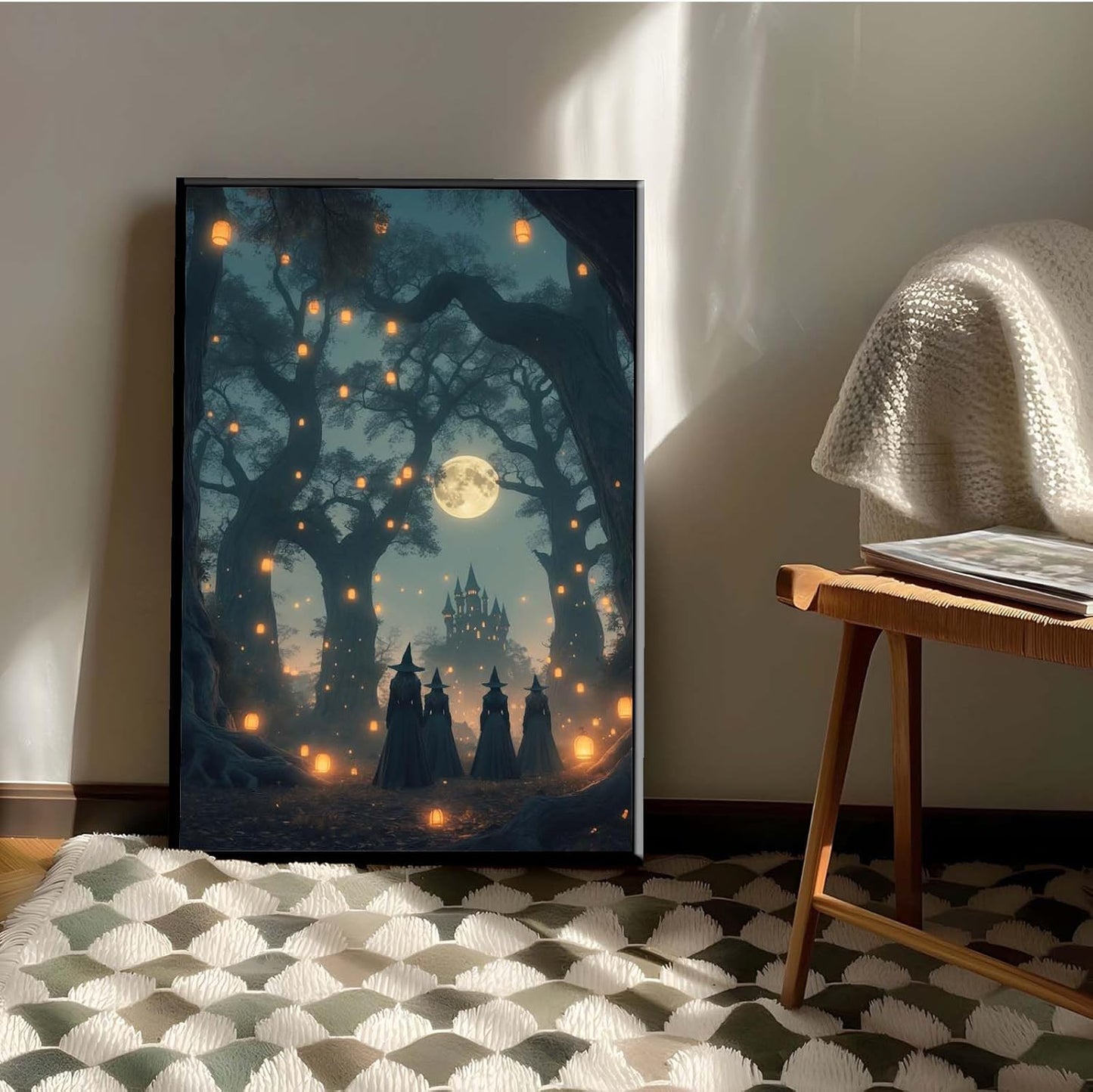 JFHCQJPK Mysterious creek painting witch and castle in magic forest art print canvas gothic print dark college decoration poster for home bedroom12x16in Metal blackFramed