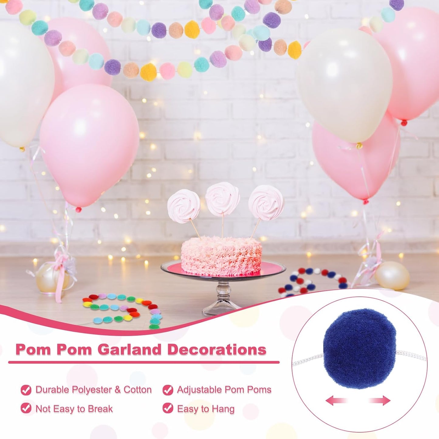 PATIKIL 26Ft Pom Pom Garland Decorations, 4Pcs Colorful Felt Ball Garland Banner Cute Rainbow Pompom Hanging Decorations for Tree Ornaments Homes Decor, White/Blue Series