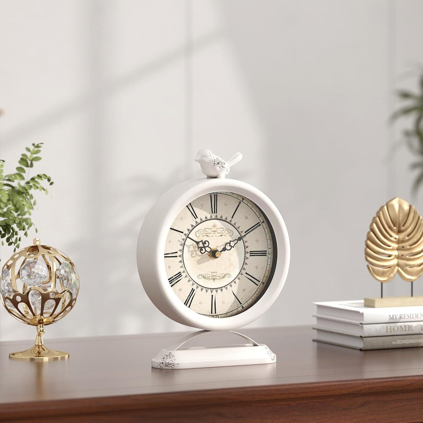 Vintage Table Clock with Bird, European Antique Style White Mantel Clocks, Desk and Shelf Decor Clock, for Farmhouse, Bedside, Living Room, Bedroom, Gift (9" H x 6.5" W)
