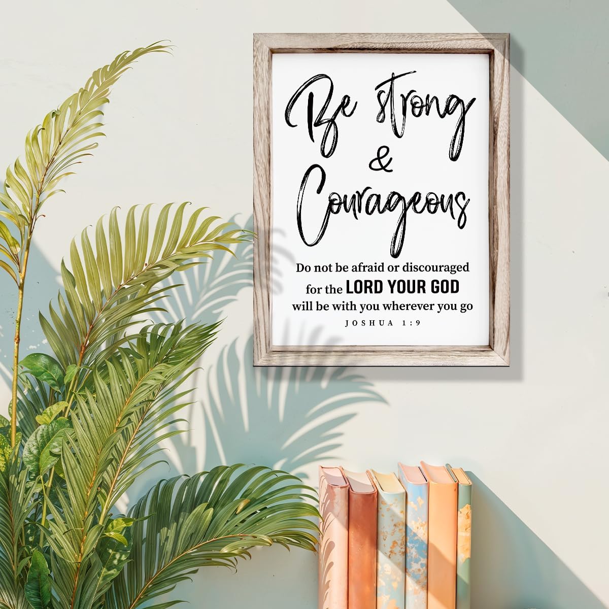 Inspirational Wood Signs, Christian Wooden Wall Plaque, Religious Home Decor, Bible Verse Decor Art, Framed Wall Plaque Sign 15 * 11.5 inches, Be Strong and Courageous Sign