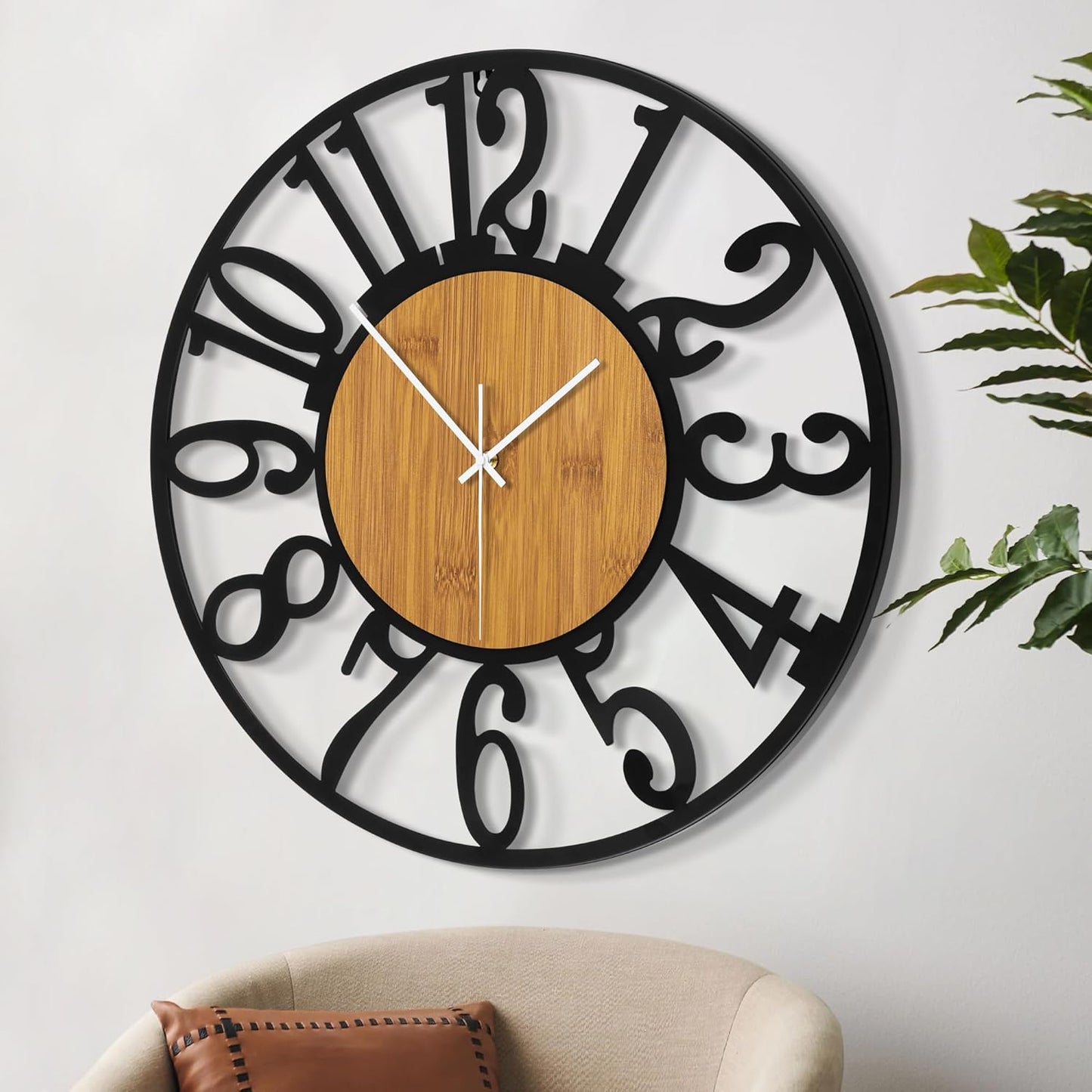 LEIKE 30" Oversized Large Wall Clocks,Silent,Non Ticking,Battery Operated Modern Round Big Wood Decorative Metal Wall Clock for Living Room, Bedroom,Kitchen,Farmhouse,Office Decor - Black,30 Inch