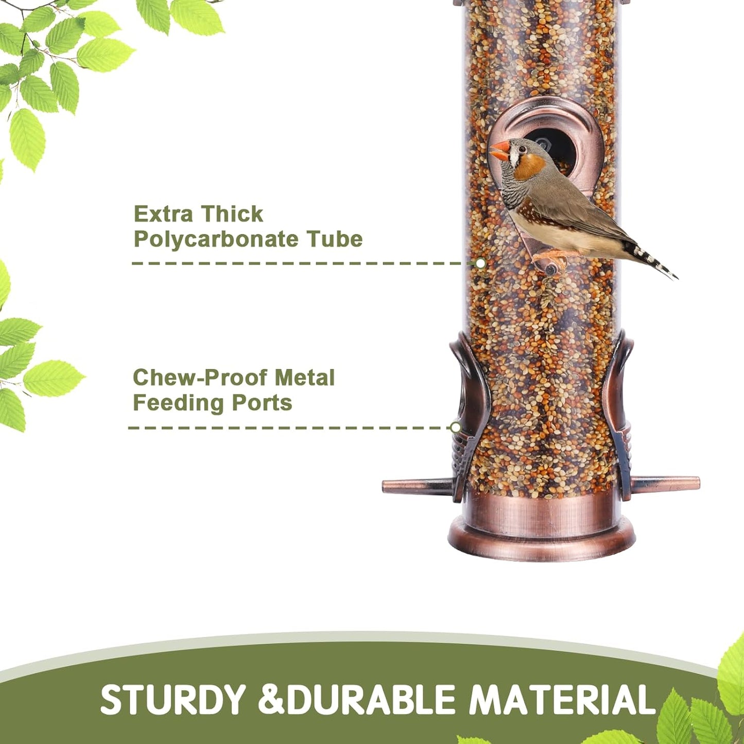 MIXXIDEA 2PK Metal Wild Bird Feeder Squirrel Proof for Outside Hanging - 6 Port Tube Transparent Finch Feeder With Steel Hanger (Antique Copper)
