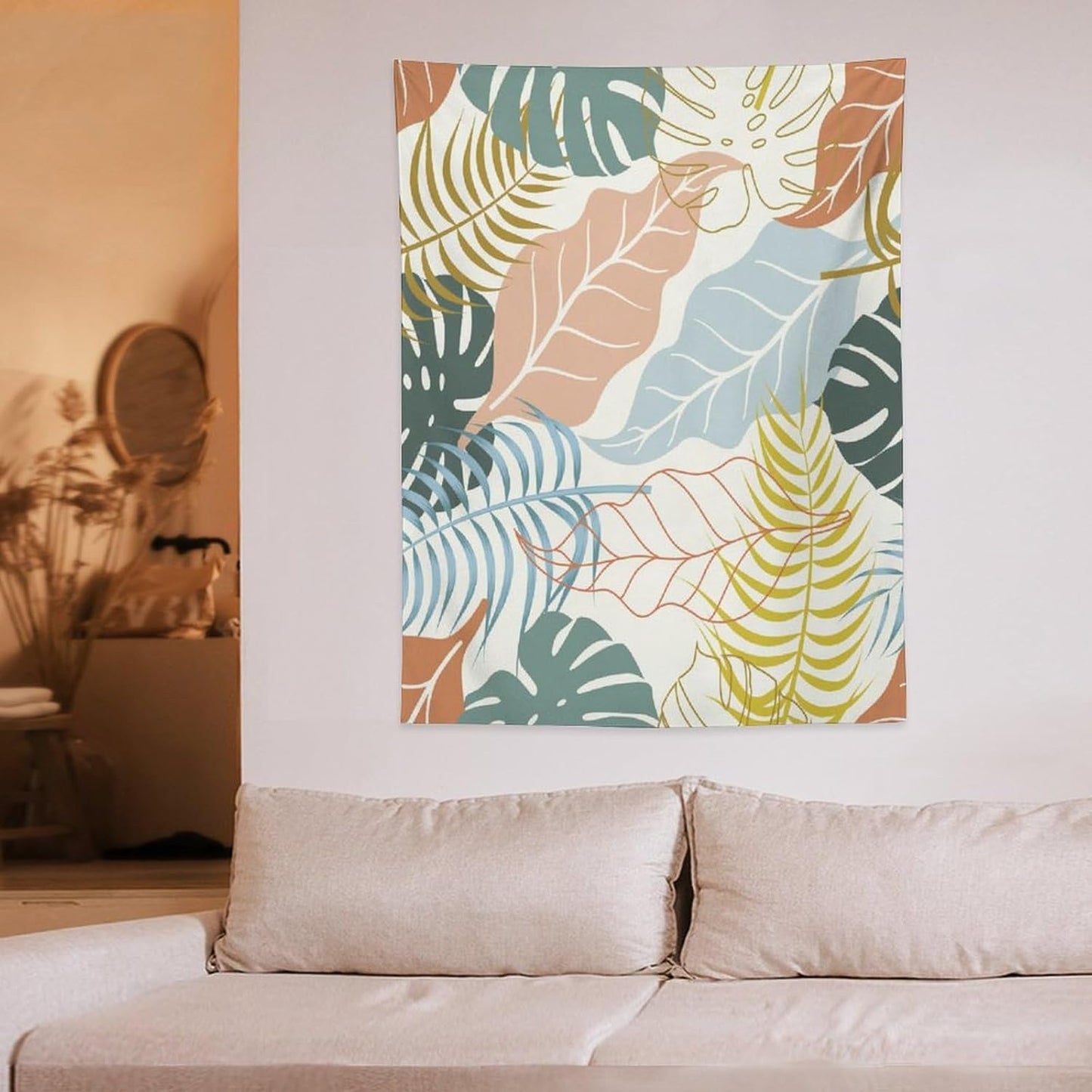 ICMOLYYENLO Boho Green Leaves Tapestry, Mid Century Abstract Tropical Palm Leaves Modern Minimalist Geometric Wall Hanging, Neutral Home Decor Art for Living Room Bedroom Dorm 50x60 Inch