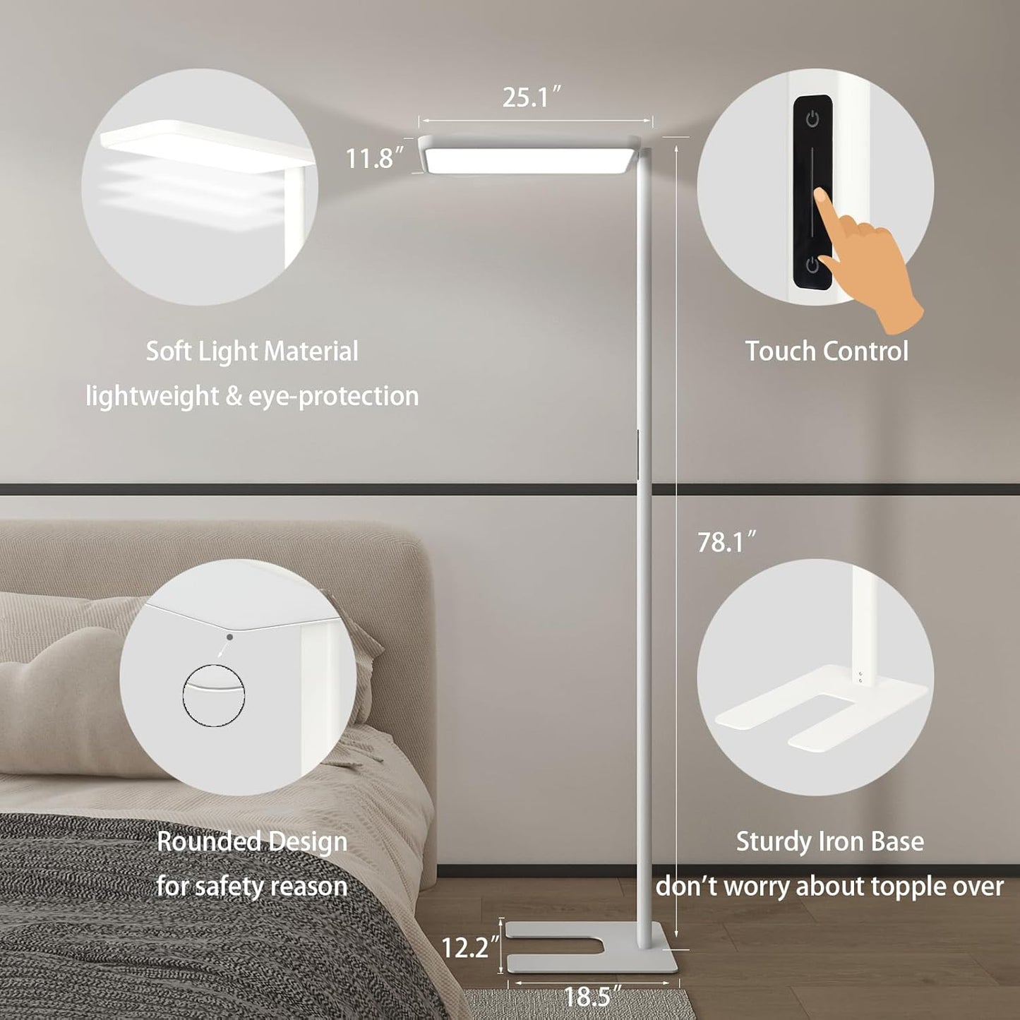 LED Floor Lamp 78ines Tall Floor Lamp 80W White Mordern Office Standing Lights Eye-Care Reading Lamps for Living Room Study Bedroom 4000K Daylight