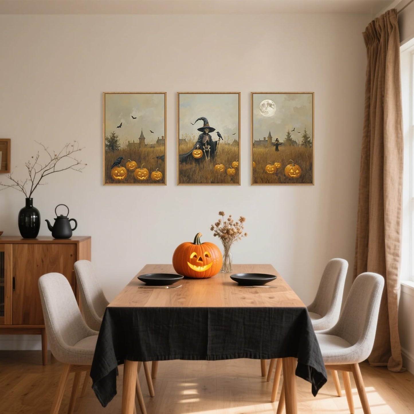 Celestdeco Halloween Ghost Reaper Framed Wall Art Set, Scary Witchy and Pumpkin Wall Decor, Horror Night Wall Painting, Full Moon Bats Art Prints for Living Room,Bedroom,Halloween Themed Party Decoration-16"×24"×3