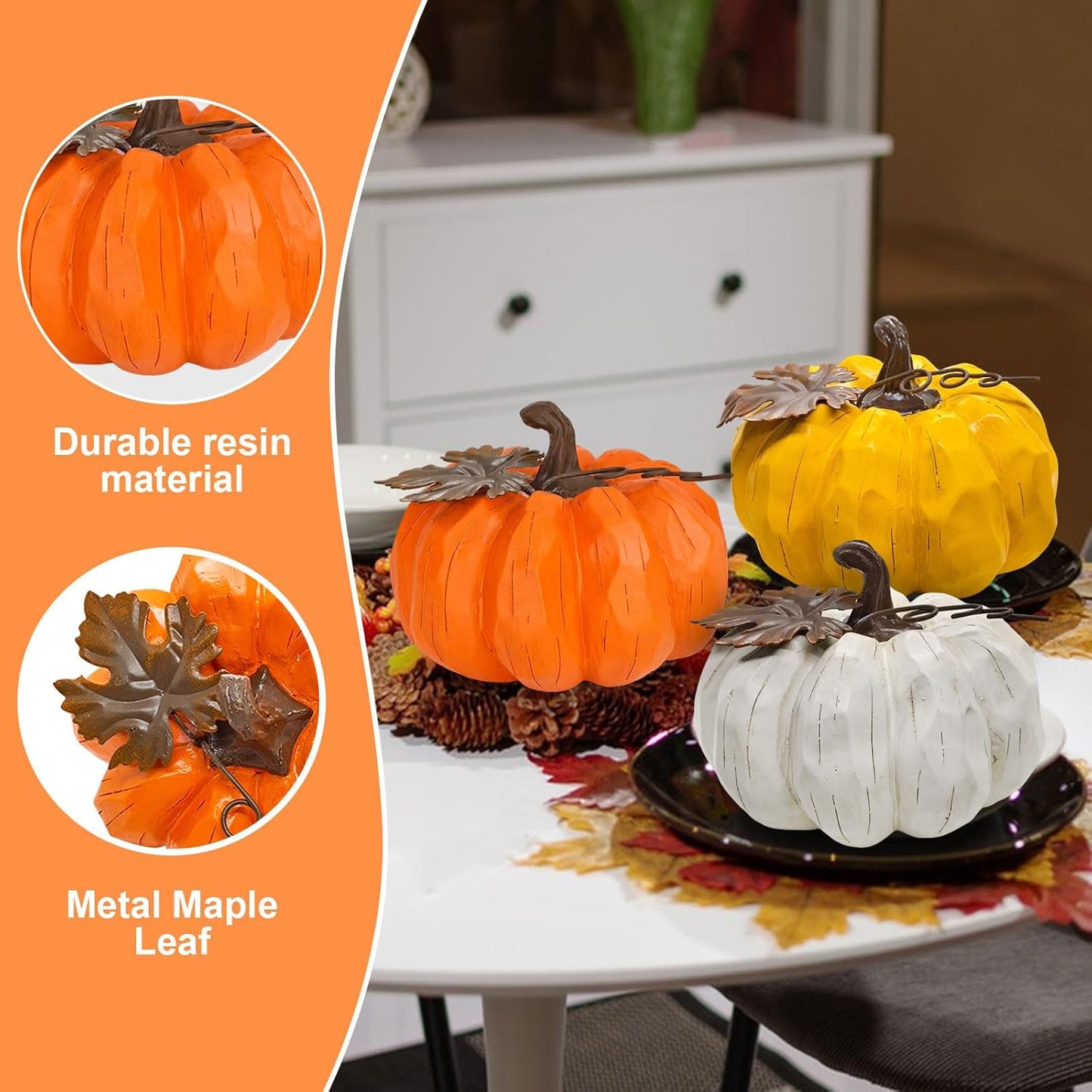 Large Pumpkin Decor Fall Decor, 3PCS Resin Pumpkins Thanksgiving Decorations with Metal Maple Leaf,5.9Inch Artificial Pumpkins for Home, Farmhouse, Mantel, Centerpiece Table Decorations