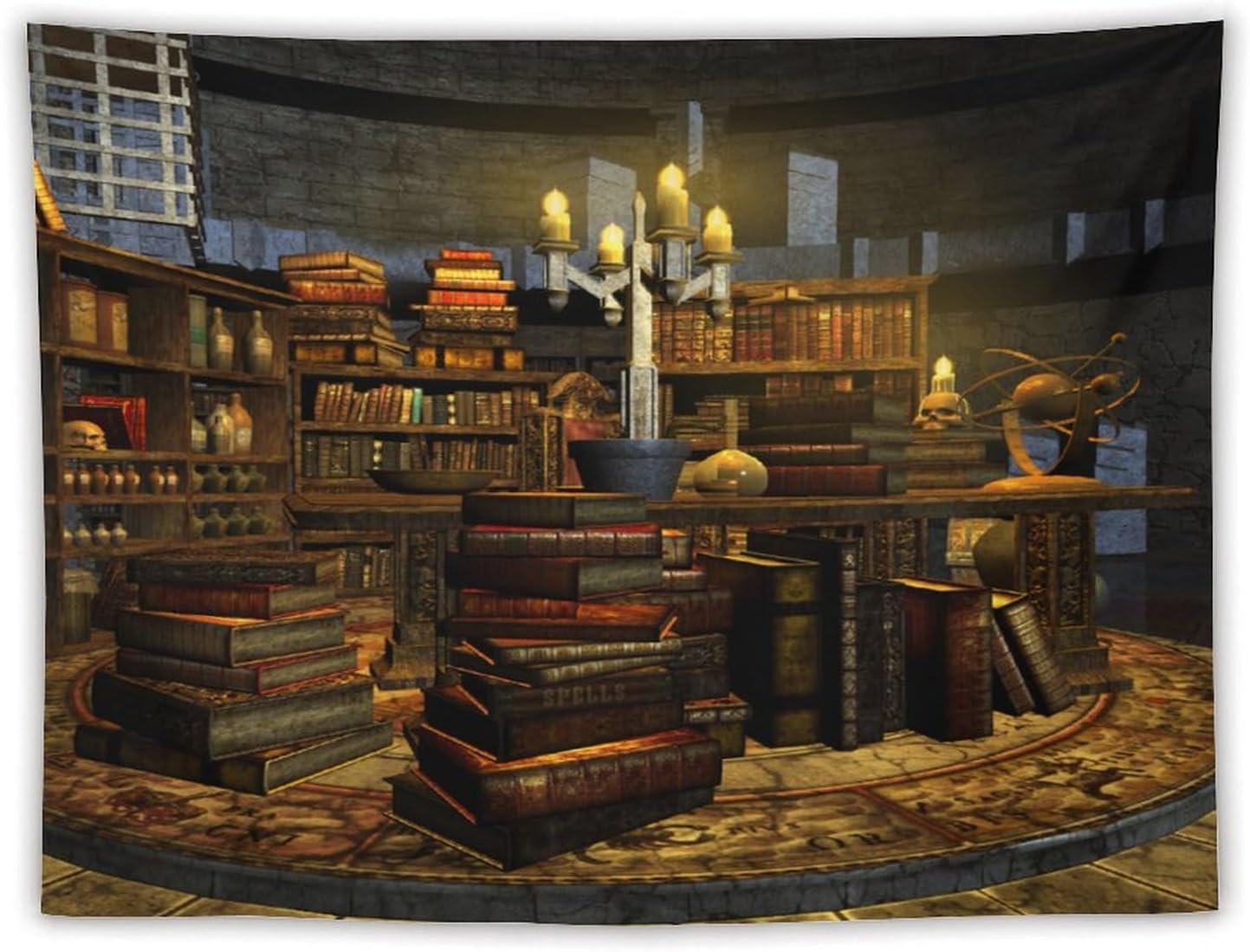 Kurtect Library Tapestry,Vintage Medieval Bookshelf Wooden Bookcase Antique Magic Art Tapestries for Party Beach Picnic Blankets Tablecloths Living Room Wall Deocr, 60x80 in