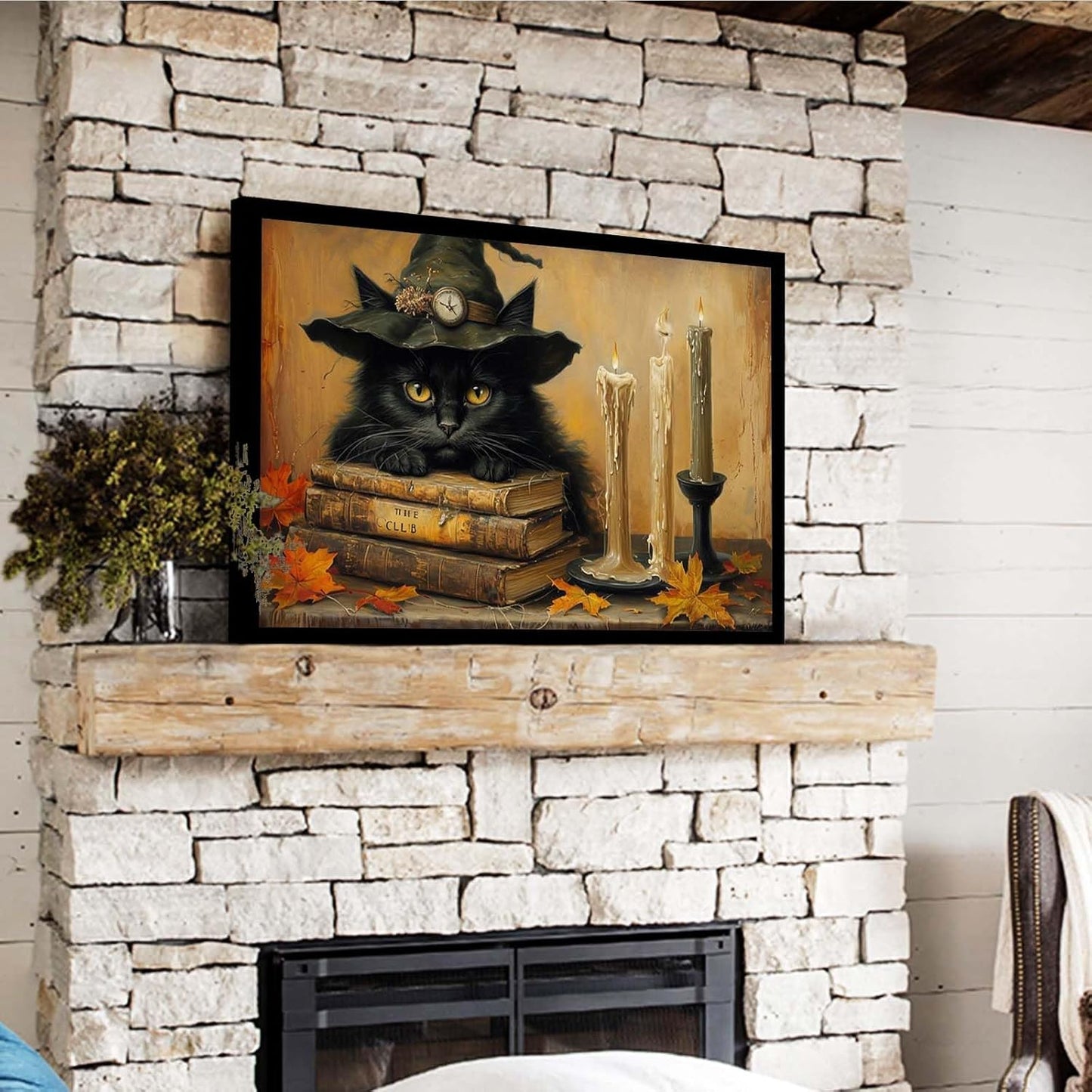 JFHCQJPK Vintage Halloween wall decoration black cat and magic book suitable for home bedroom living room decoration dark classic art witch wall decoration16x24in Metal blackFramed