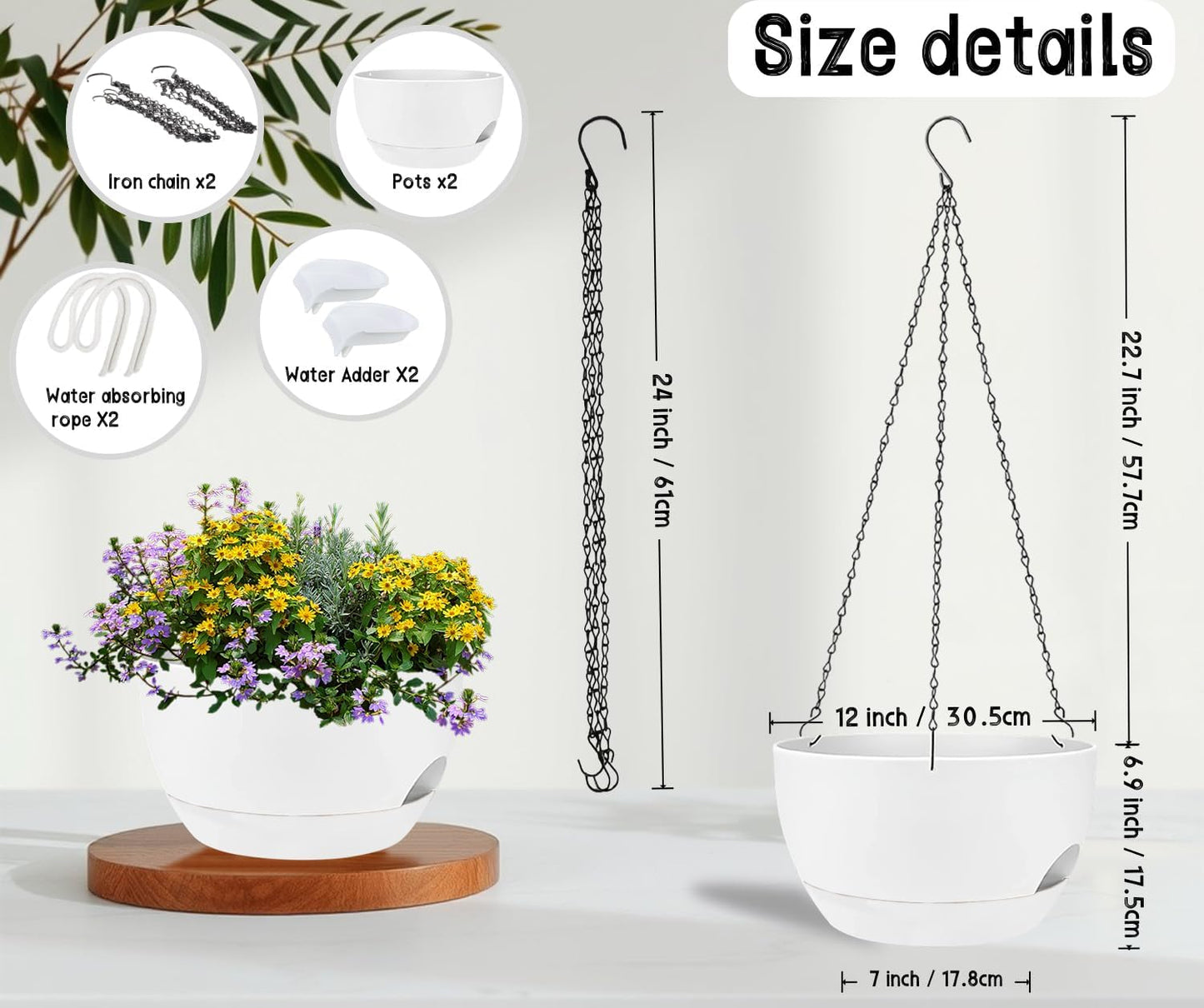 2 Pack 12 Inch Large Hanging Planters with Chains Self Watering White Plastic Hanging Pots for Indoor Outdoor Plants, Garden Porch Home Decor，White