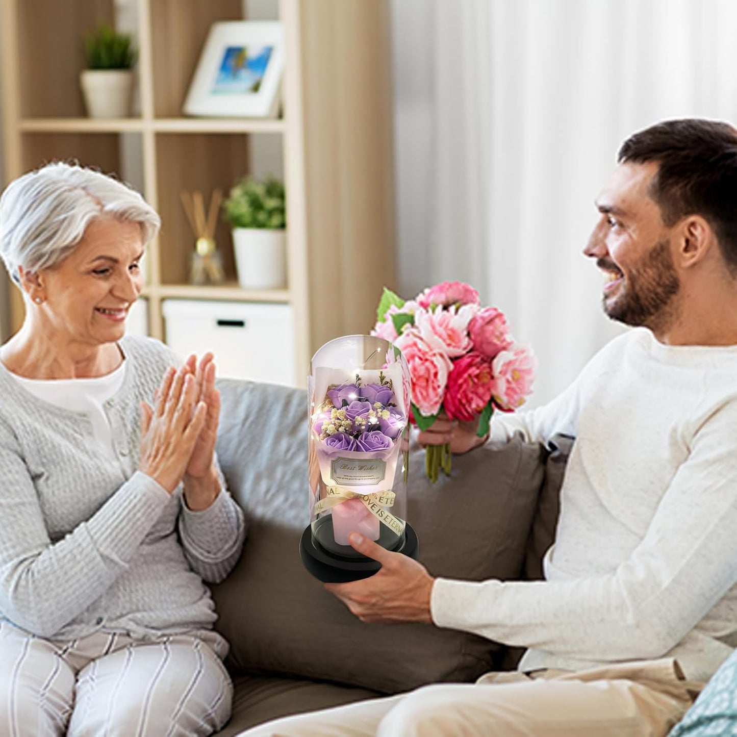 Gift for Her Forever Flower Bouquet for Delivery Prime Preserved Purple Roses Glass Dome LED Light 100 Languages I LOVE YOU Necklace Mothers Day Birthday Romantic Valentines Gift for Wife Women Mom