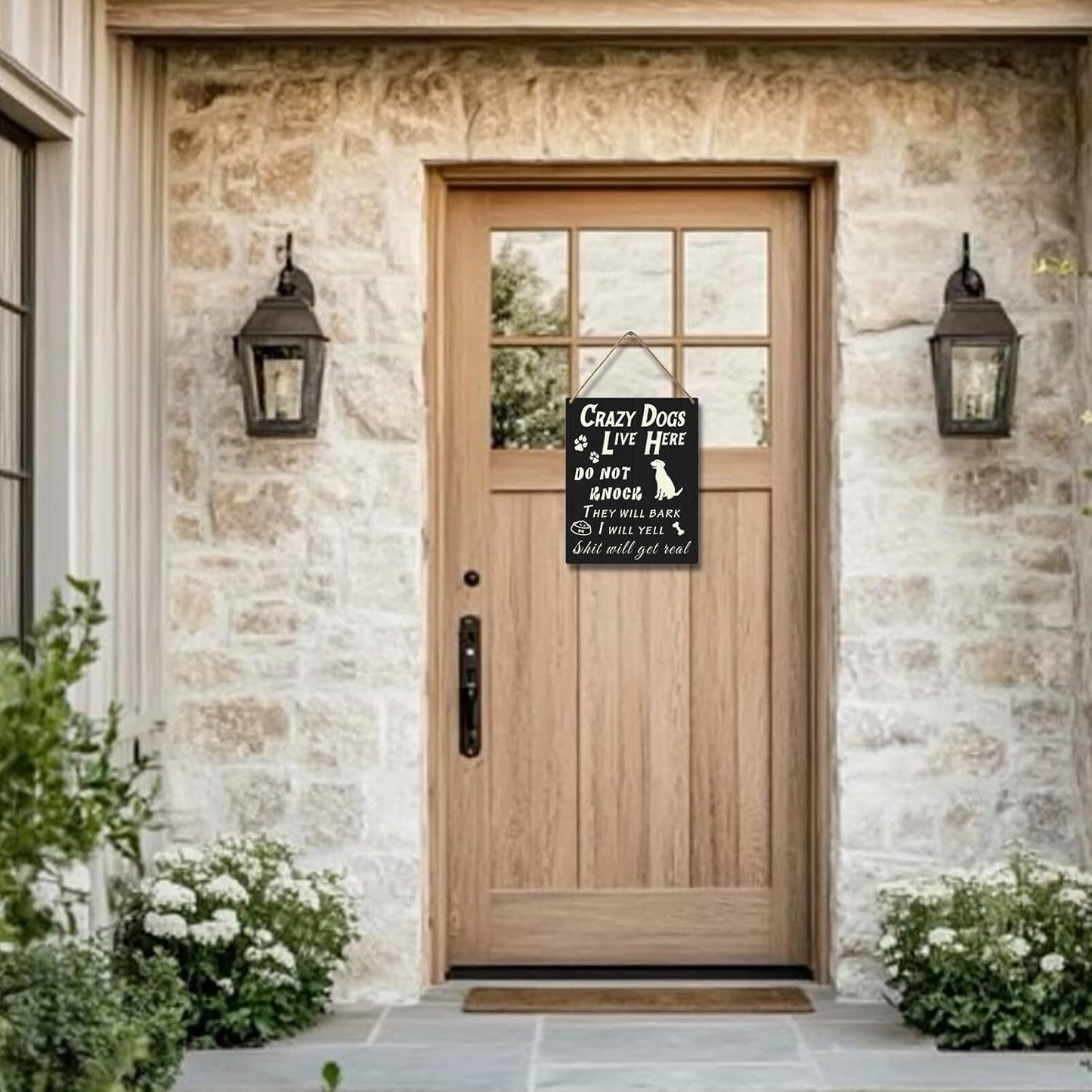 Do Not Knock or Ring Doorbell Sign for Front Door, Funny Dog Owner Warning Crazy Dogs Live Here Do Not Knock They Will Bark I Will Yell Wooden Signs, No Disturb Door Decor for Pet Lovers 10x8 Inch