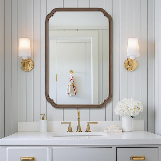 WallBeyond Wood Bathroom Mirror for Wall Mounted with Rounded Corner Wood Frame for Entryway, Living Room or Bedroom Home Decor Vertical or Horizontal Hanging [24" x 36" Walnut Color]