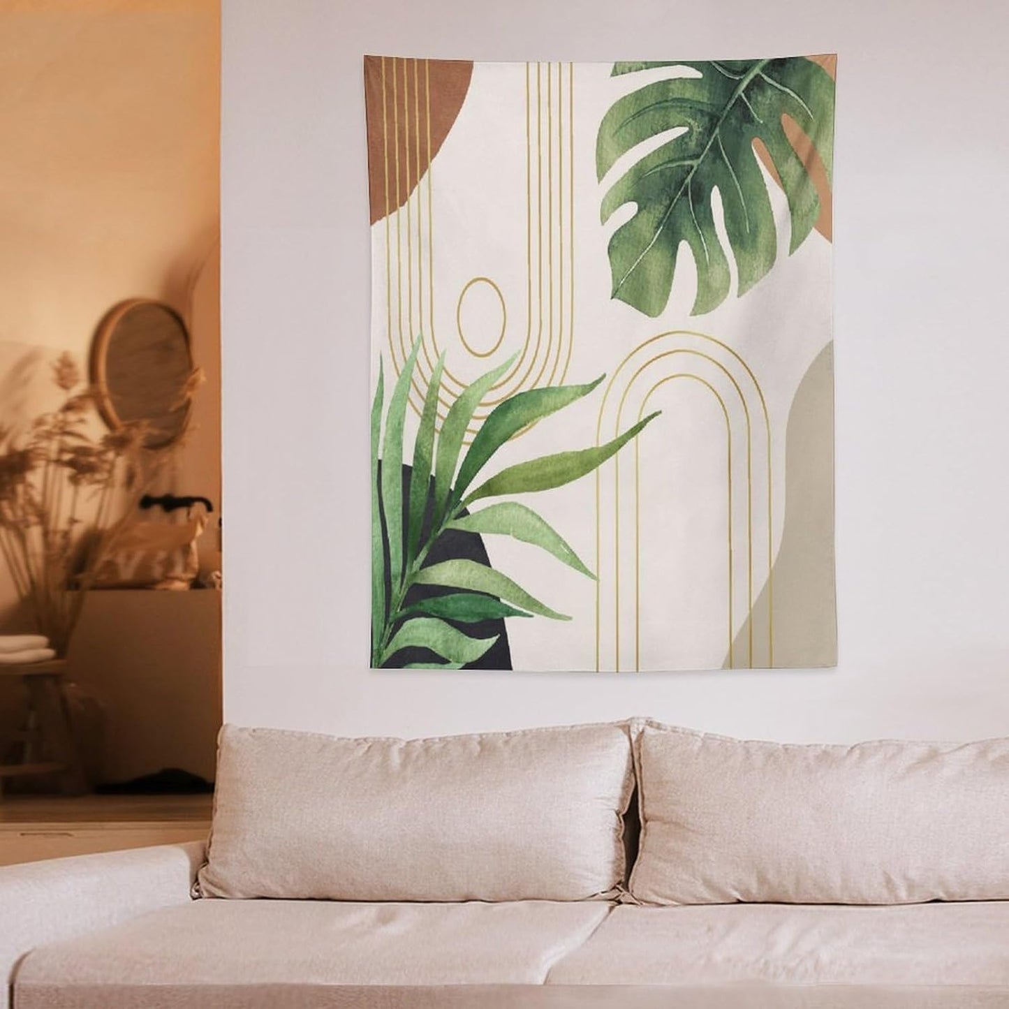Abstract Boho Tapestry, Mid Century Tropical Tree Leaves Modern Geometric Arch Bohemian Botanical Tapestry, Home Aesthetic Wall Hanging Art Decor for Living Room Bedroom Dormitory 30x40 Inch