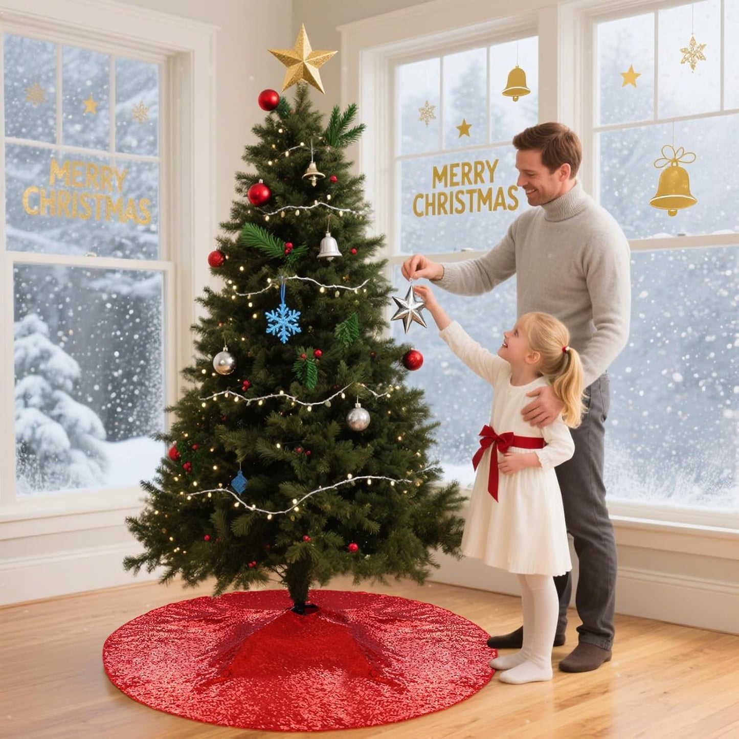 Eternal Beauty Christmas Tree Skirt, 36 Inch Red Sequin Tree Skirt Small Xmas Tree Skirt for Christmas Tree Decorations