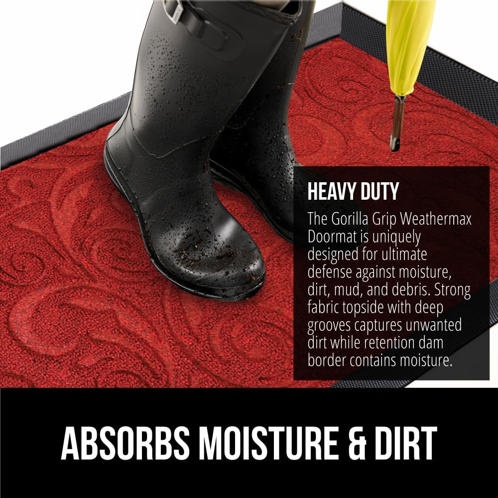 GORILLA GRIP 100% Waterproof All-Season WeatherMax Doormat US Designed Natural Rubber, Stain and Fade Resistant, Low Profile Indoor Outdoor Door Mats, Easy Clean Patio Mat, 17x29, Red Vintage Wine