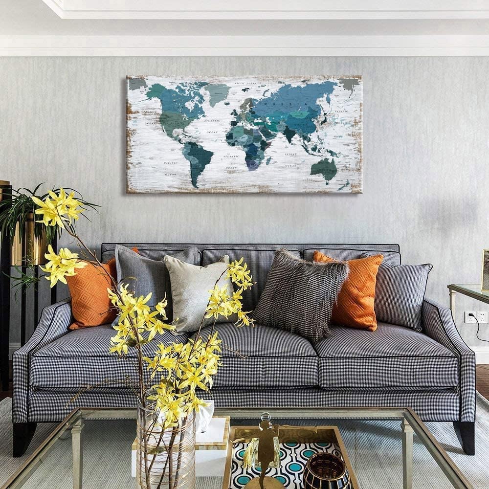Teal Decor World Map Canvas Wall Art Pictures for Living Room Wall Decoration Blue Wall Decor Office World Map Wall Art Picture Framed Artwork for Home Bedroom Decoration 29"x58"