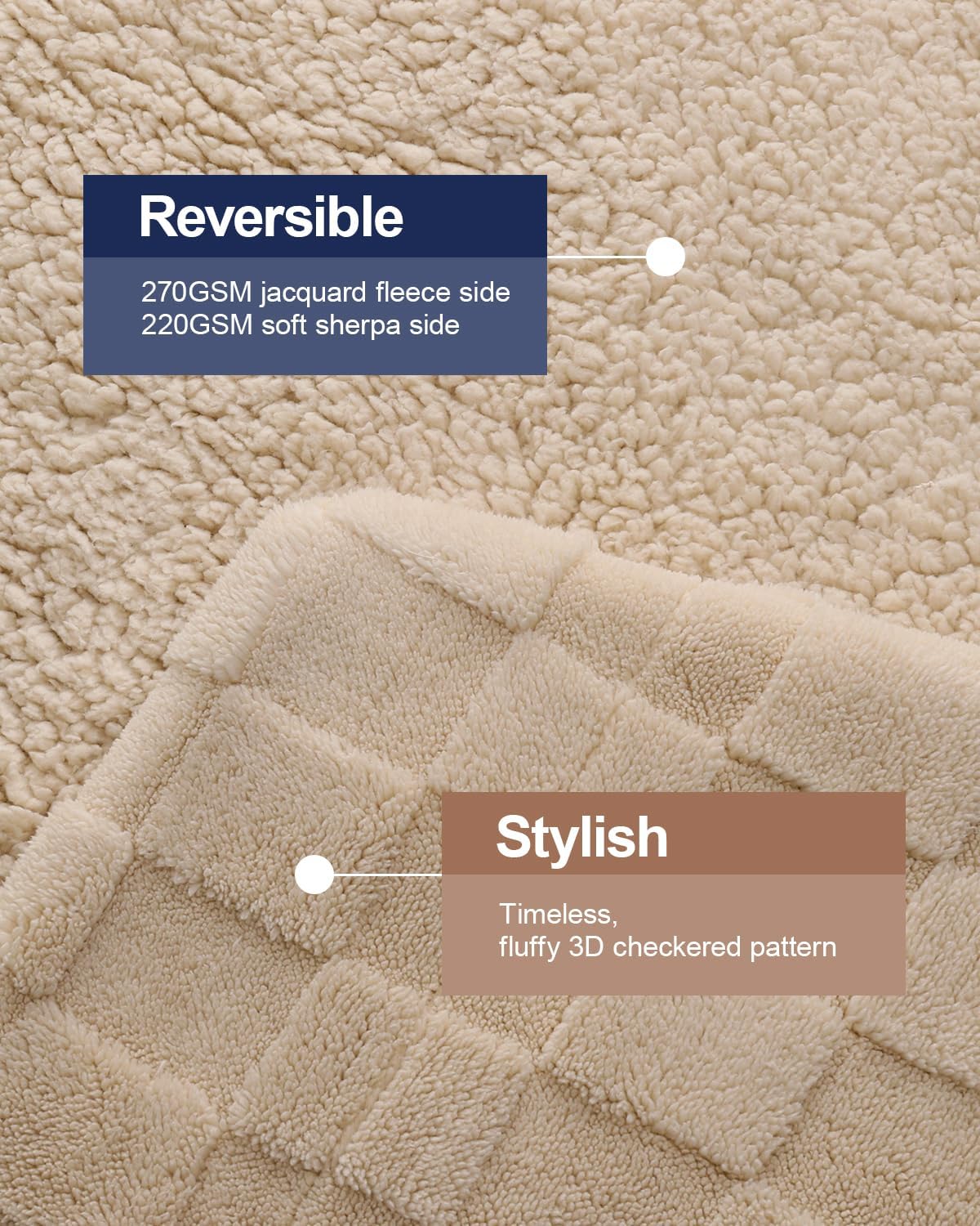 Pawque Super Soft Cozy Throw Blanket King Size for Couch Bed, Fluffy Sherpa Fleece Reversible Thick Warm Fuzzy Blanket for All-Season, 3D Checkered Jacquard Decorative Blankets, Khaki, 108"x90"