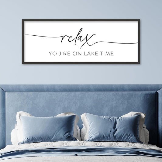 SRSZHIYUE Relax You're On Lake Time Wall Decor Above Bed Sign 40"×15" for Lake House Bedroom Over Bed Large Wood Framed Hanging Art (Black)