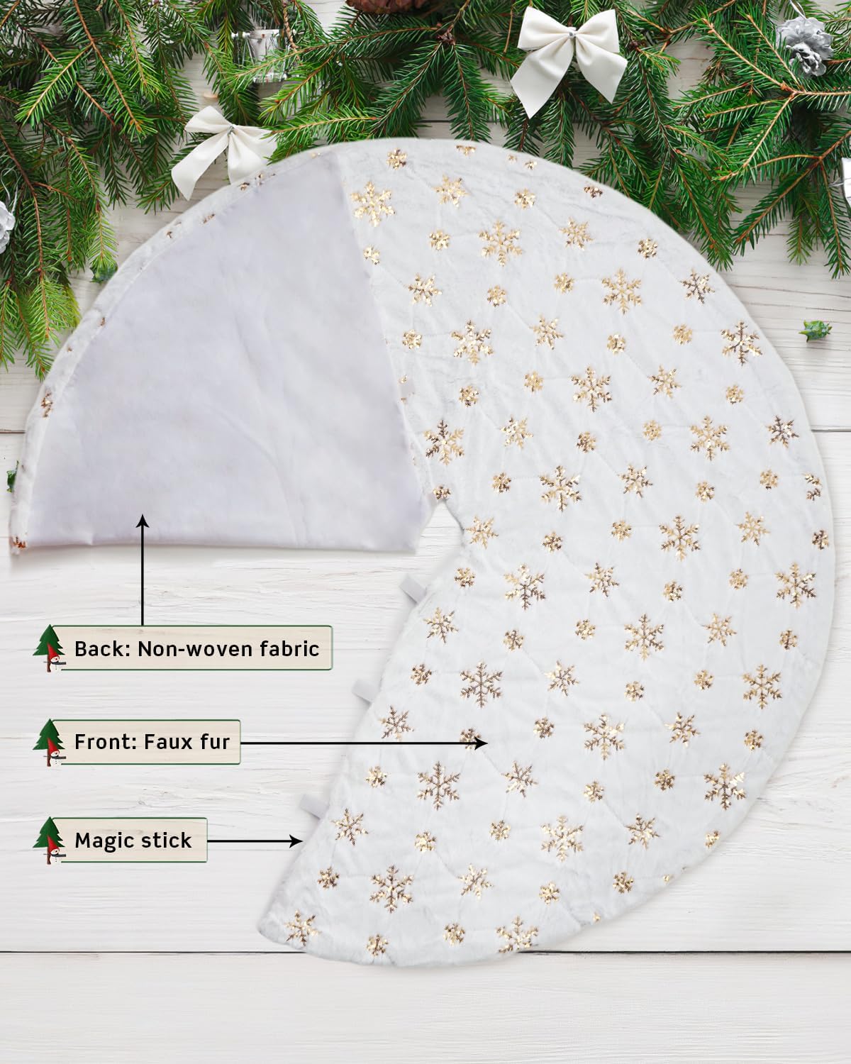 COOLWUFAN 36 Inches Christmas Tree Skirt for Xmas Tree Holiday Party Decoration White Plush Gold Sequin Snowflake (Gold)